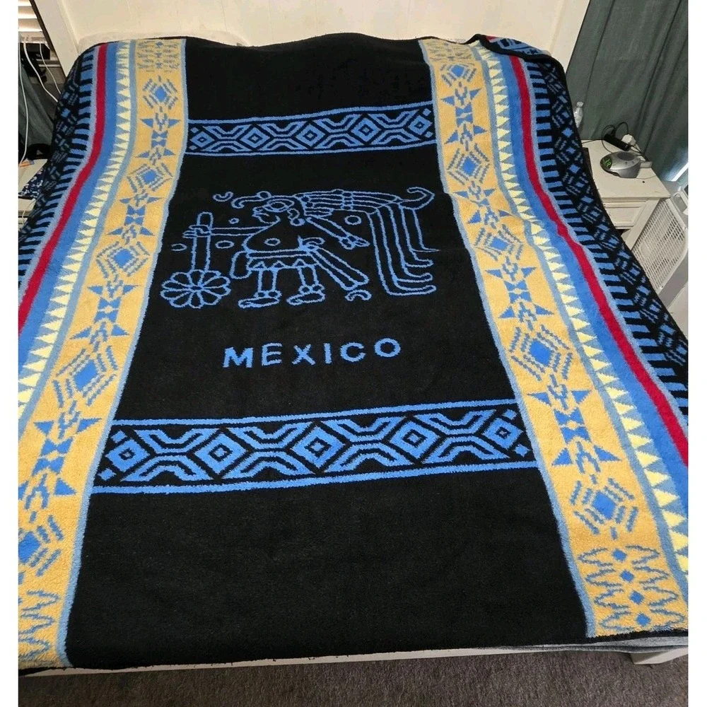 Vintage San Marcos Mexican Cobija Blanket 72x84 Reversible Aztec Mexico Large